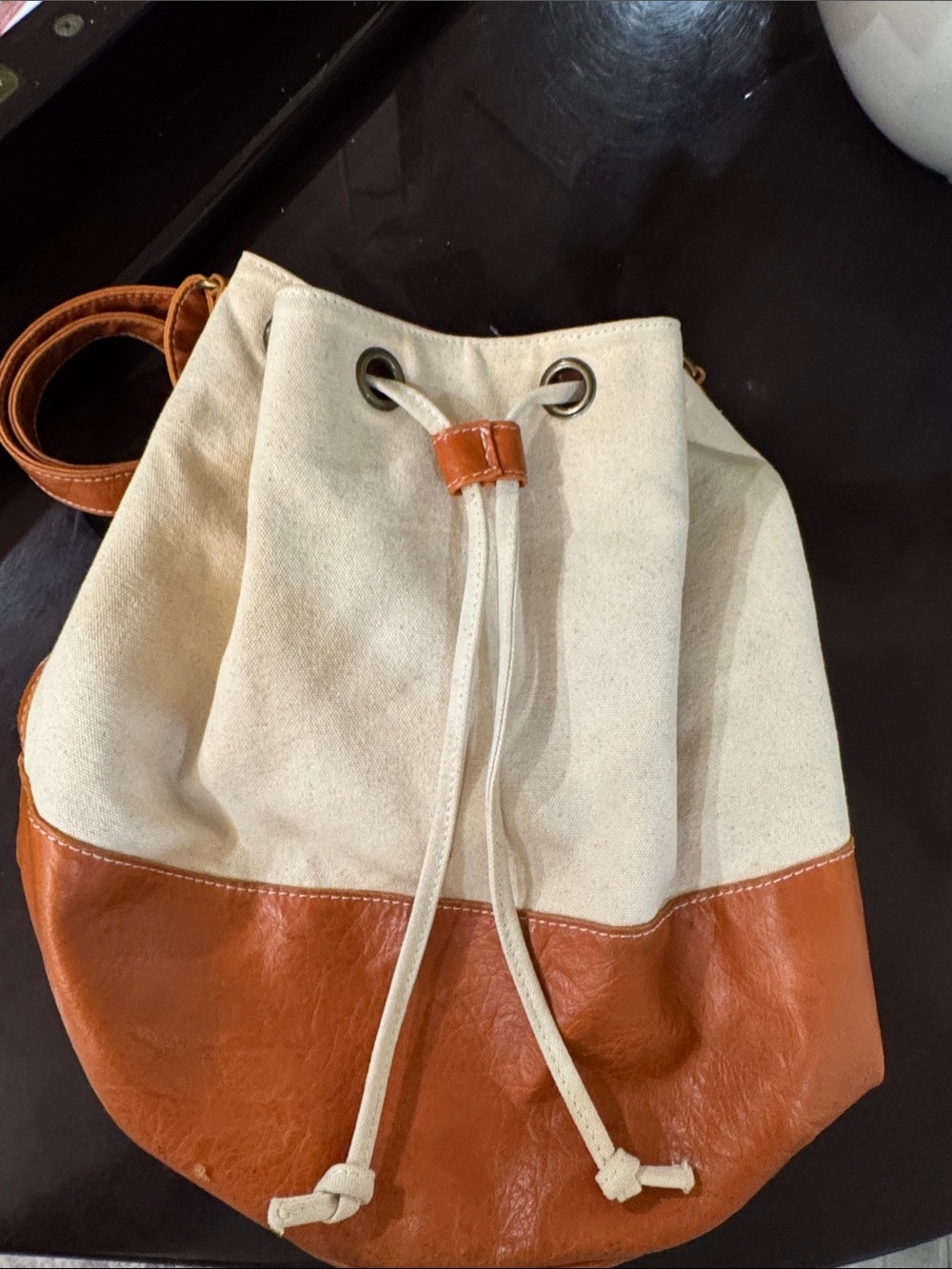 Canvas and Brown Leather Drawstring Bucket Bag